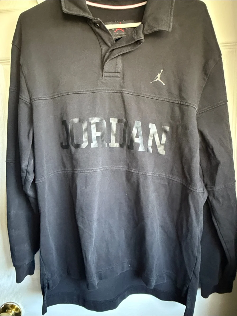 Jordan Men's Dark Gray Polo-Style Sweatshirt with Chest Lettering
